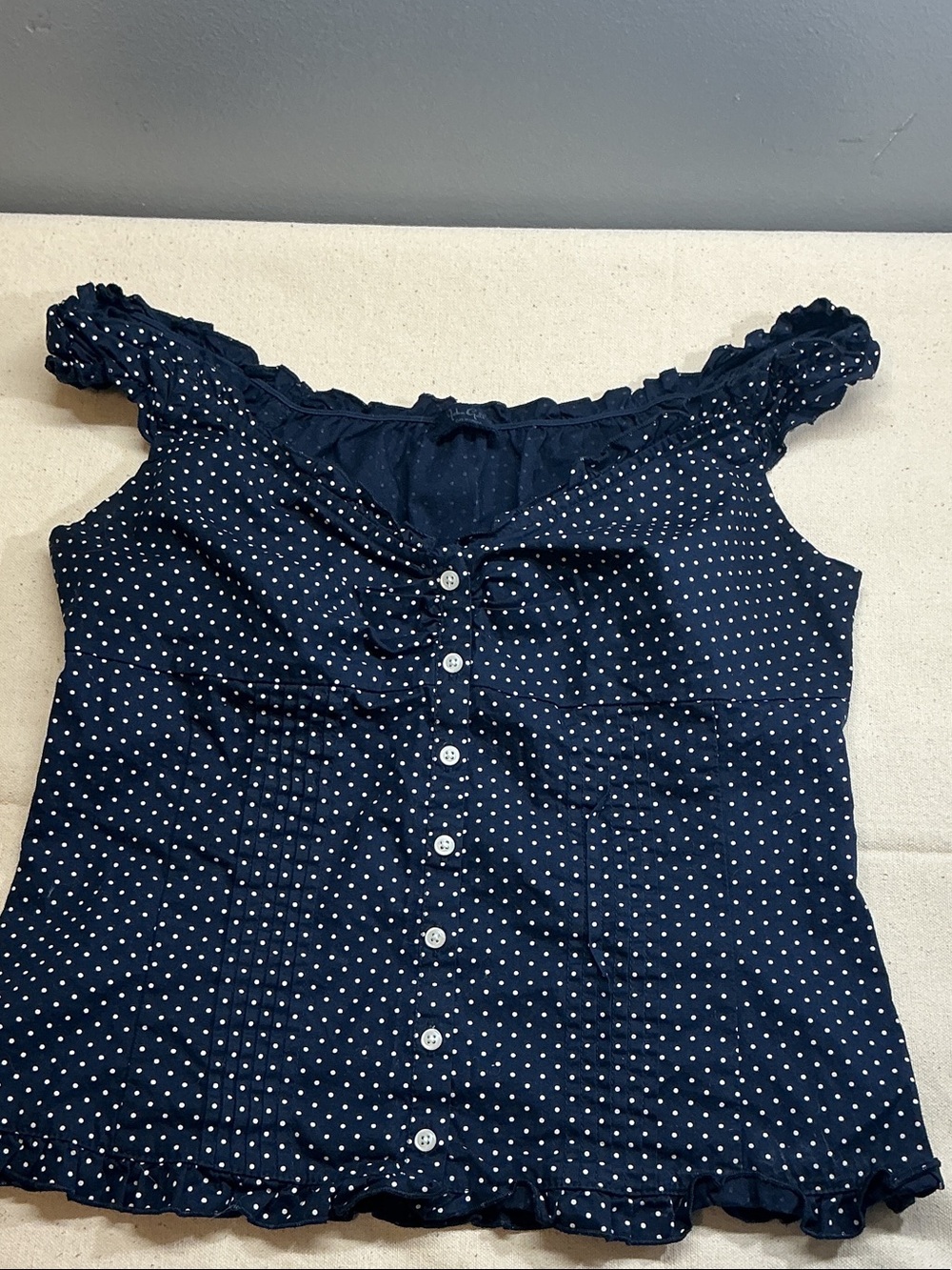 Brandy Melville Navy Blue Polka Dot Ruffle-Trim Button Top size S